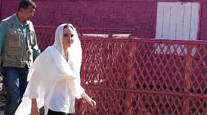 American actress and UNHCR special envoy Angelina Jolie walks toward a refugee camp in Cox’s Bazar, Bangladesh, at the start of a three-day visit to the country, Feb. 4, 2019. Photo Credit: Benar News