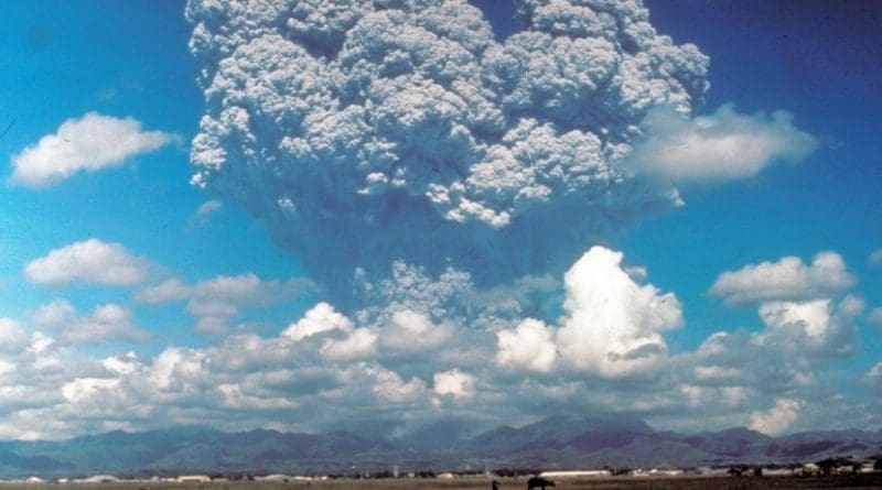 This photo, taken on June 12, 1991, shows the eruption column of Mount Pinatubo on Luzon Island in the Philippines. The eruption--the largest on Earth in the past 100 years--ejected particles into the stratosphere, more than 6 miles above the planet's surface. New research uses ice core data to rewrite the past 2,600 years of large stratospheric eruptions like this one. Credit Dave Harlow/USGS