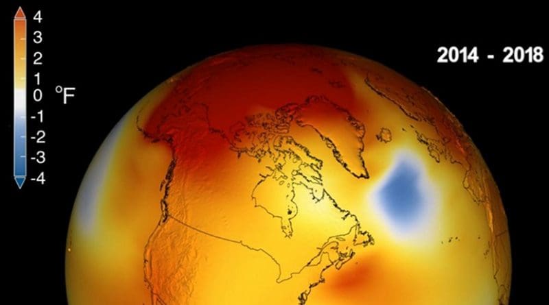 Earth's long-term warming trend can be seen in this visualization of NASA's global temperature record, which shows how the planet's temperatures are changing over time, compared to a baseline average from 1951 to 1980. The record is shown as a running five-year average. Credit Credits: NASA's Scientific Visualization Studio/Kathryn Mersmann