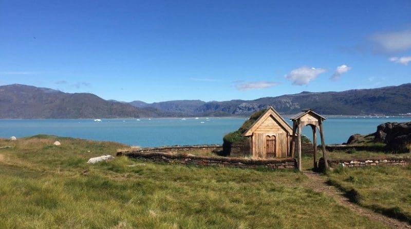 This is a 21st-century reproduction of Thjodhild's church on Erik the Red's estate (known as Brattahlíð) in present day Qassiarsuk, Greenland. Credit G. Everett Lasher/Northwestern University