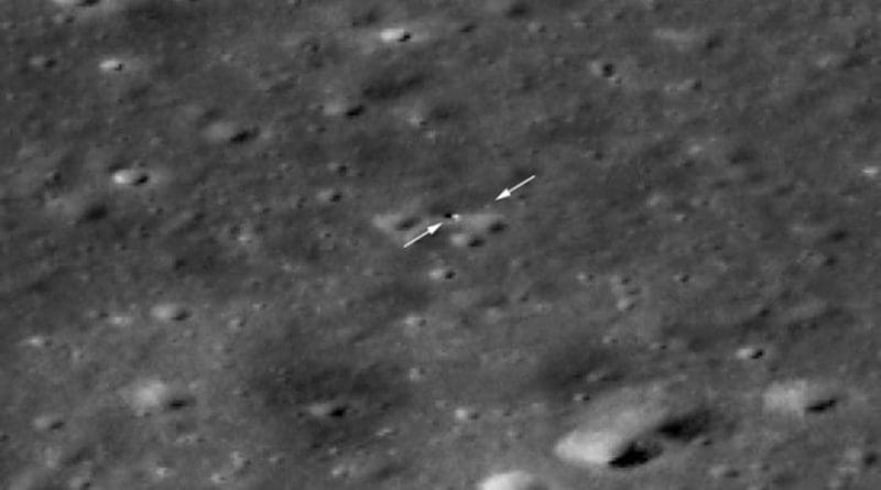 The Chang'e 4 rover is now visible to LROC! Just beyond the tip of the right arrow is the rover and the lander is to the right of the tip of the left arrow. The image appears blocky because it is enlarged 4x to make it easier to see the two vehicles. North is to the upper right, LROC NAC M1303570617LR. Credit NASA/GSFC/Arizona State University