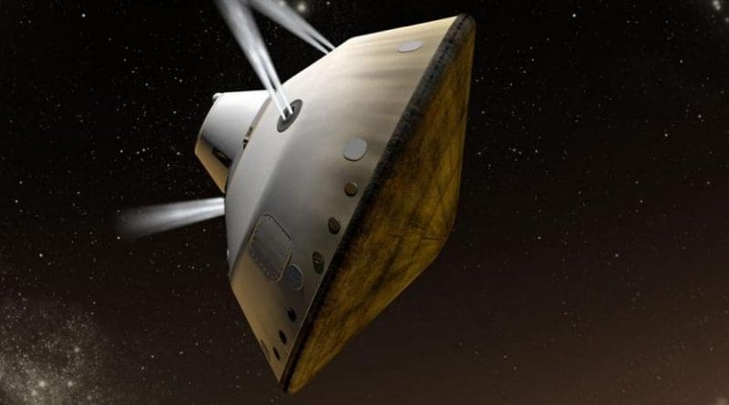 Artist's illustration of a spacecraft using retropropulsion to steer. Credit NASA
