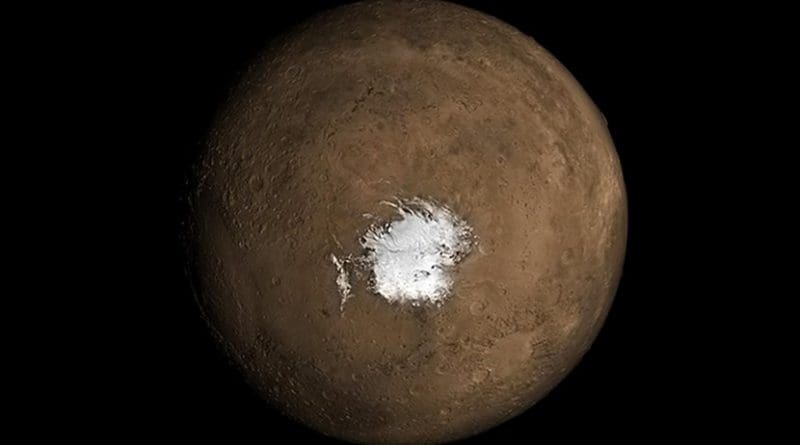 This is the Martian South Pole. A new study in Geophysical Research Letters argues there needs to be an underground source of heat for liquid water to exist underneath the polar ice cap. Credit NASA.