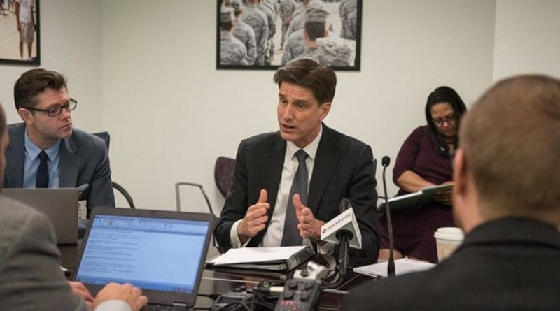 Defense Department Chief Information Officer Dana Deasy and Air Force Lt. Gen. John N.T. Shanahan, the director of the Joint Artificial Intelligence Center, hold a roundtable meeting on DOD’s artificial intelligence strategy at the Pentagon, Feb. 12, 2019. DOD photo by Army Sgt. Amber I. Smith