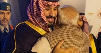 Saudi Arabia's Crown Prince Mohammed bin Salman is greeted by India's PM Narendra Modi. Photo Credit: SPA