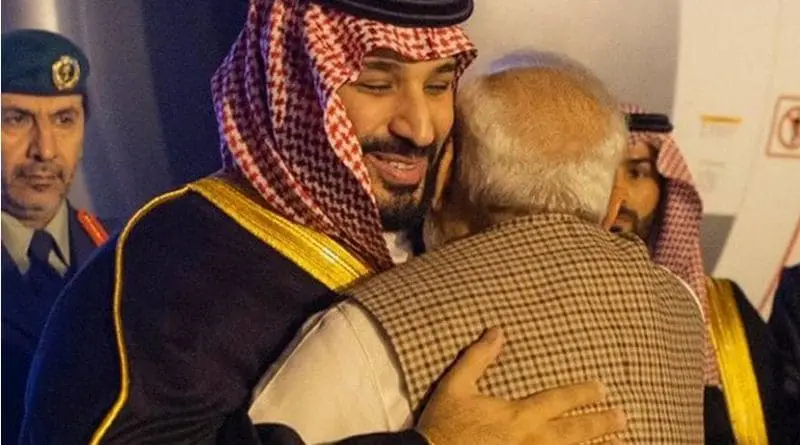 Saudi Arabia's Crown Prince Mohammed bin Salman is greeted by India's PM Narendra Modi. Photo Credit: SPA