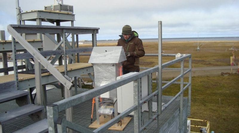 Tate Barrett of U.S. research team from Baylor University switches out filter samples at the Department of Energy Atmospheric Radiation Measurement facility in Barrow, Alaska. Credit Rebecca Sheesley