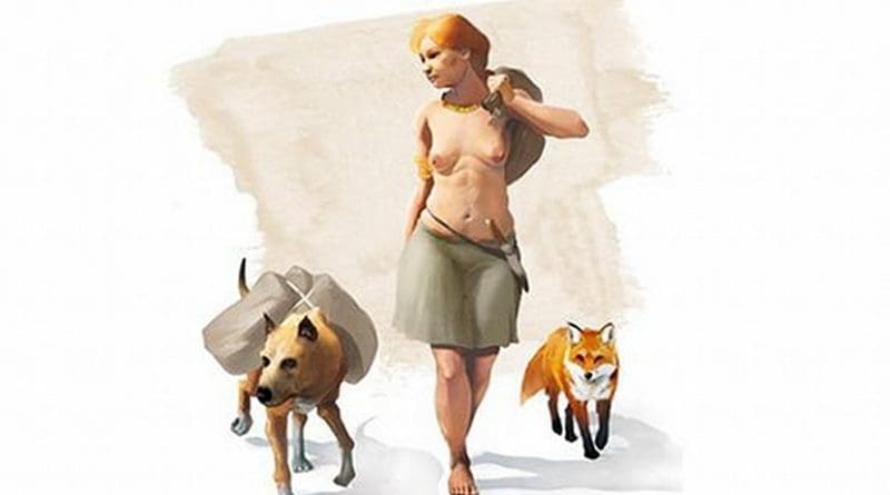 Artistic representation of a woman of the Bronze Age accompanied by a dog and a fox. Credit J. A. Peñas