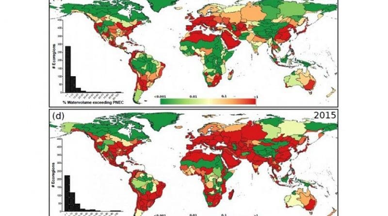 The environmental risks of ciprofloxacin in fresh water have increased worldwide between 1995 and 2015. PNEC stands for 'predicted no effect concentrations.' Credit R. Oldenkamp et al, Environmental Research Letters