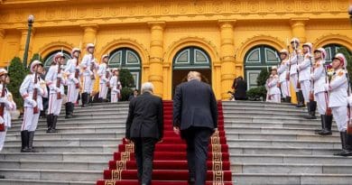 President Donald J. Trump walks up the stairs passing an Honors Cordon with Nguyen Phu Trong, General Secretary of the Communist Party and President of the Socialist Republic of Vietnam, on President Trump’s arrival to the Presidential Palace Wednesday, Feb. 27, 2019, in Hanoi. (Official White House Photo by Shealah Craighead)
