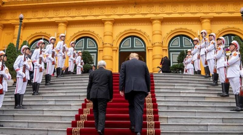 President Donald J. Trump walks up the stairs passing an Honors Cordon with Nguyen Phu Trong, General Secretary of the Communist Party and President of the Socialist Republic of Vietnam, on President Trump’s arrival to the Presidential Palace Wednesday, Feb. 27, 2019, in Hanoi. (Official White House Photo by Shealah Craighead)