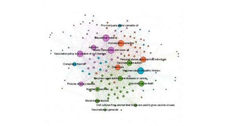An analysis of Facebook profiles for people who posted anti-vaccination sentiments reveals four key subgroups that are interconnected by various themes. Credit Image appears with compliments from Elsevier