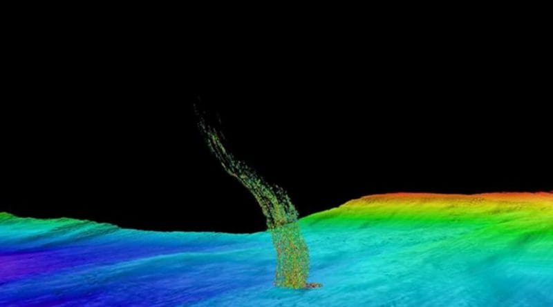 Sonar image of bubbles rising from the seafloor off Washington's coast. This is from a 2014 survey in deeper water: The base of the column is 1/3 of a mile (515 meters) deep and the top of the plume is at 1/10 of a mile (180 meters) depth. Credit Brendan Philip /University of Washington