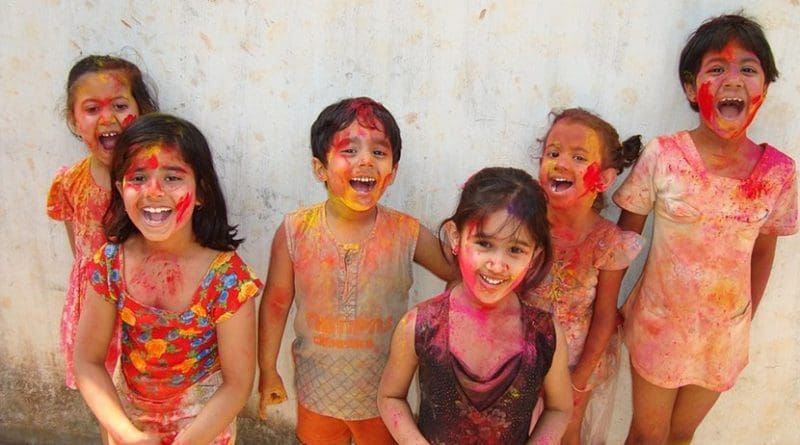 Indian children celebrating Hindu festival of Holi