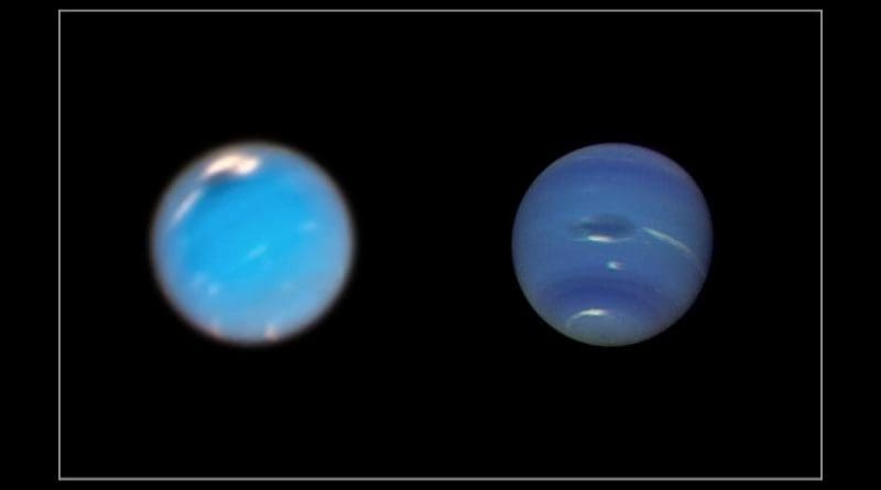 This composite picture shows images of storms on Neptune from the Hubble Space Telescope (left) and the Voyager 2 spacecraft (right). The Hubble Wide Field Camera 3 image of Neptune, taken in Sept. and Nov. 2018, shows a new dark storm (top center). In the Voyager image, a storm known as the Great Dark Spot (GDS) is seen at the center. It is about 13,000 km by 6,600 km in size -- as large along its longer dimension as the Earth. The white clouds seen hovering in the vicinity of the storms are higher in altitude than the dark material. Credit NASA/ESA/GSFC/JPL.