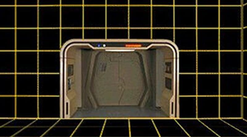 A vacant holodeck on the Enterprise-D; the arch and exit are prominent. Source: Wikipedia Commons