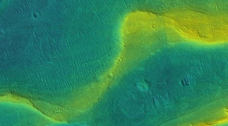 A photo of a preserved river channel on Mars, taken by an orbiting satellite, with color overlaid to show different elevations (blue is low, yellow is high). Credit NASA/JPL/Univ. Arizona/UChicago