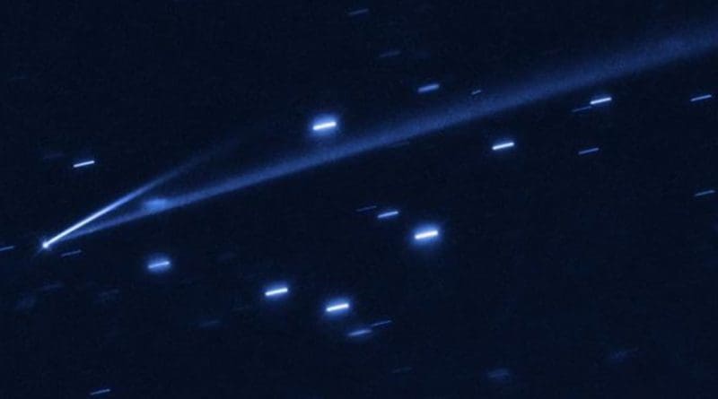 The asteroid 6478 Gault is seen with the NASA/ESA Hubble Space Telescope, showing two narrow, comet-like tails of debris that tell us that the asteroid is slowly undergoing self-destruction. The bright streaks surrounding the asteroid are background stars. The Gault asteroid is located 214 million miles from the Sun, between the orbits of Mars and Jupiter. Credit NASA, ESA, K. Meech and J. Kleyna (University of Hawaii), O. Hainaut (European Southern Observatory)