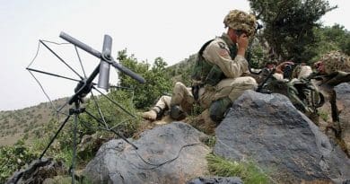 Soldier from 3/187th Infantry, 101st Airborne Division, out of Fort Campbell, Kentucky, sets up SATCOM to communicate further with key rear elements as part of search and attack mission in area of Narizah, Afghanistan, July 23, 2002 (U.S. Army/Todd M. Roy)