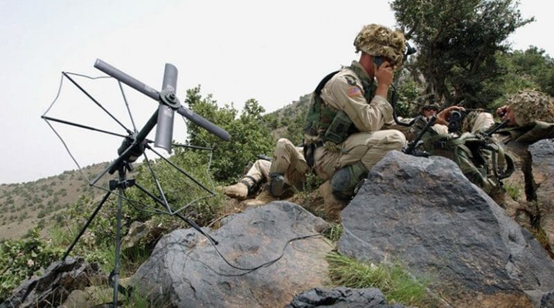Soldier from 3/187th Infantry, 101st Airborne Division, out of Fort Campbell, Kentucky, sets up SATCOM to communicate further with key rear elements as part of search and attack mission in area of Narizah, Afghanistan, July 23, 2002 (U.S. Army/Todd M. Roy)