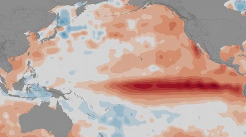 Increased sea surface temperatures in the equatorial Pacific Ocean characterizes an El Niño, which is followed by weather changes throughout the world. Credit NASA Goddard's Scientific Visualization Studio