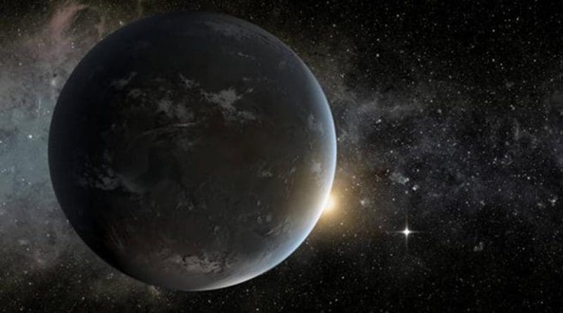 The artist's concept depicts NASA's Kepler mission's smallest habitable zone planet. Seen in the foreground is Kepler-62f, a super-Earth-size planet in the habitable zone of a star smaller and cooler than the sun, located about 1,200 light-years from Earth in the constellation Lyra. Kepler-62f orbits it's host star every 267 days and is roughly 40 percent larger than Earth in size. The size of Kepler-62f is known, but its mass and composition are not. However, based on previous exoplanet discoveries of similar size that are rocky, scientists are able to determine its mass by association. Much like our solar system, Kepler-62 is home to two habitable zone worlds. The small shining object seen to the right of Kepler-62f is Kepler-62e. Orbiting on the inner edge of the habitable zone, Kepler-62e is roughly 60 percent larger than Earth. Credit NASA Ames/JPL-Caltech/Tim Pyle