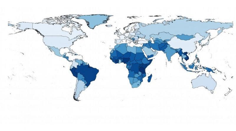 Predictions of antimicrobial abundance in all countries and territories in the world. Map coloured according to predicted abundance of antimicrobial from light blue (low abundance) to dark blue (high abundance). Credit Frank Aarestrup