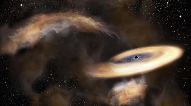This is an artist's impression of a gas cloud swirling around a black hole. Credit NAOJ