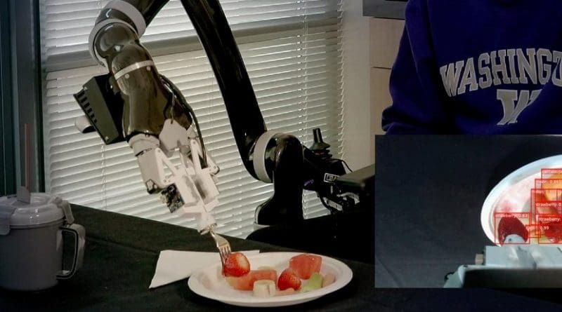 The object-detection algorithm, called RetinaNet, scans the plate, identifies the types of food on it and places a frame around each item. Credit Eric Johnson/University of Washington