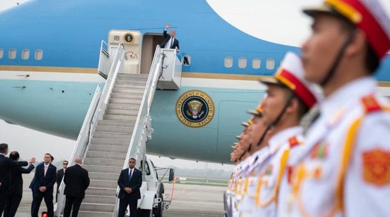 President Donald J. Trump bids farewell from Air Force One following his second summit with North Korean leader Kim Jong Un Thursday, Feb. 28, 2019, at Noi Bai International Airport in Hanoi. (Official White House Photo by Shealah Craighead)