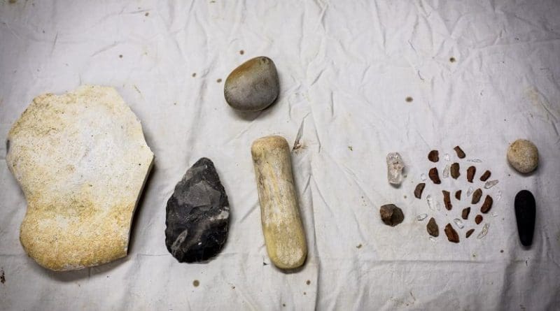 The iconic, tear-drop shaped hand axe, which filled a human palm, required a large toolkit to produce (left), in contrast to a toolkit for tiny flakes. Credit Emory University