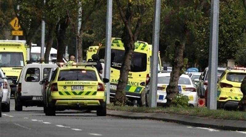 Emergency vehicles near mosque attacks in Christchurch, New Zealand. Photo Credit: Tasnim News Agency
