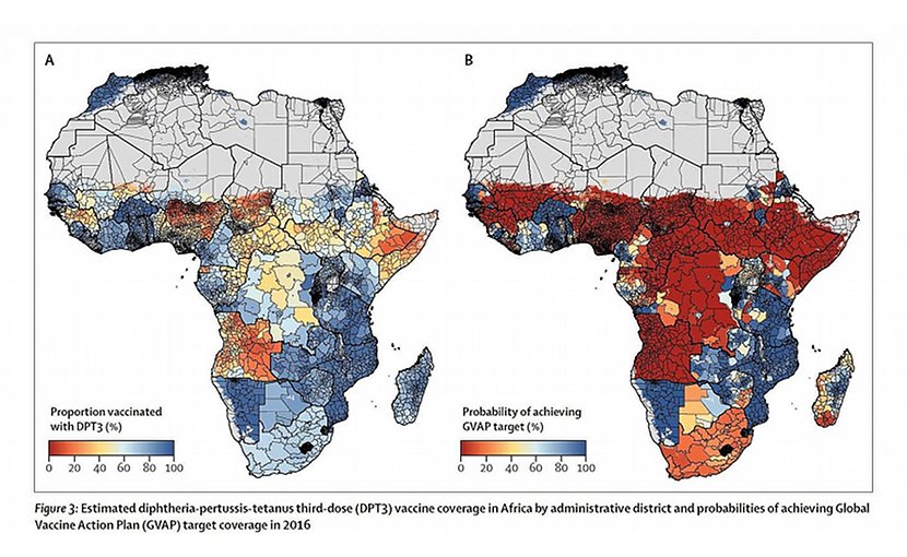 These maps identify levels of DPT3 vaccine coverage in African communities (left) and the likelihood of meeting global DPT3 vaccine targets (right). Credit Institute for Health Metrics and Evaluation