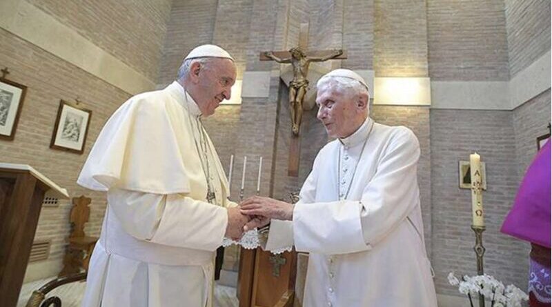 Pope Francis and Pope Emeritus Benedict XVI on June 28, 2017. Credit: Vatican Media and CNA.