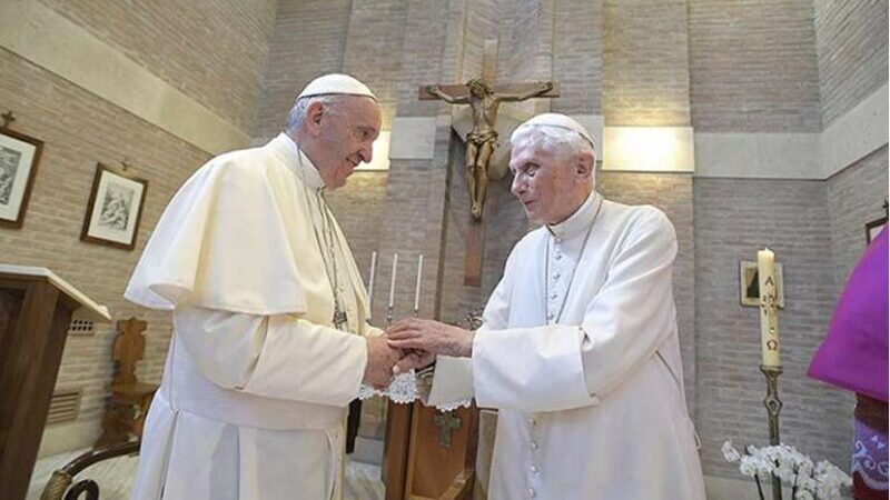 Pope Francis and Pope Emeritus Benedict XVI on June 28, 2017. Credit: Vatican Media and CNA.
