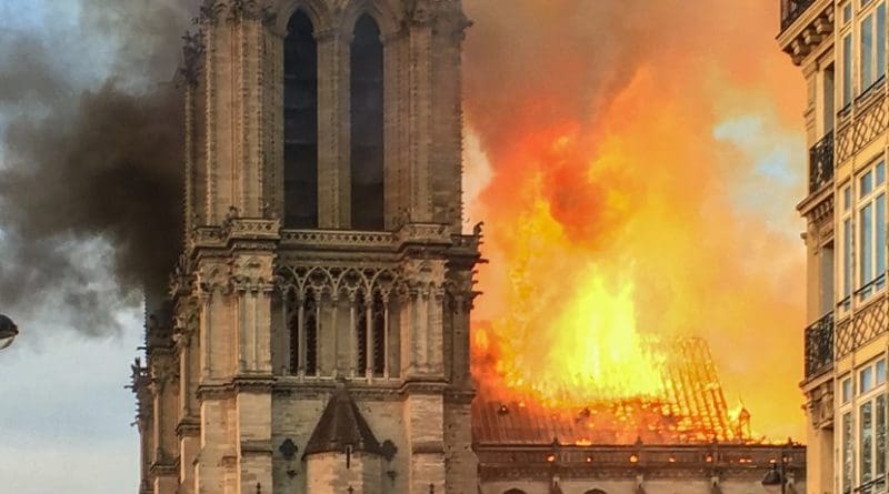 Notre Dame Cathedral on fire in Paris, France. Photo Credit: LeLaisserPasserA38, Wikimedia Commons