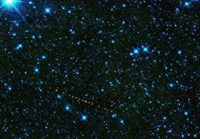 This is a collection of images from the WISE spacecraft of the asteroid 2305 King, which is named after Martin Luther King Jr. The asteroid appears as a string of orange dots because this is a set of exposures that have been added together to show its motion across the sky. These infrared pictures have been color-coded so that we can perceive them with the human eye: 3.4 microns is represented as blue; 4.6 microns is green, 12 microns is yellow, and 22 microns is shown as red. From the WISE data, we can compute that the asteroid is about 12.7 kilometers in diameter, with a 22% reflectivity, indicating a likely stony composition. Credit NASA
