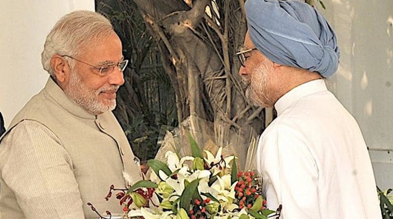 India's Prime Minister Narendra Modi and predecessor Dr.Manmohan Singh. Credit: Prime Minister's Office, Government of India.