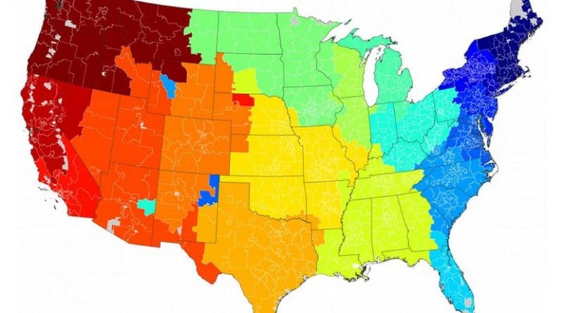Online messaging communities for the lower 48 states. Colors represent clusters of reciprocal messages mapped to the three-digit zip codes of the senders. Credit Bruch and Newman/Sociological Science
