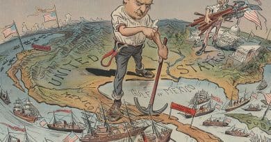 The Monroe Doctrine: A satirical political cartoon reflecting America's imperial ambitions following quick and total victory in the Spanish American War of 1898. Credit: Cornell University: Persuasive Cartography: The PJ Mode Collection, Wikimedia Commons.