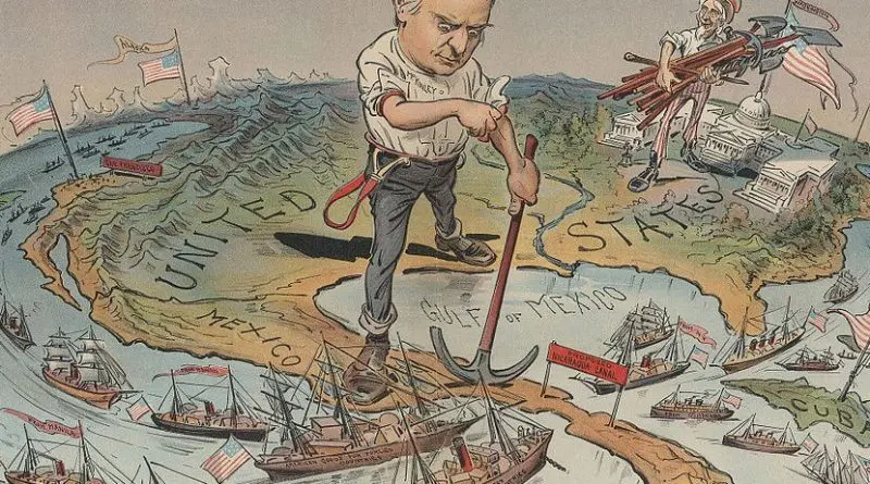 The Monroe Doctrine: A satirical political cartoon reflecting America's imperial ambitions following quick and total victory in the Spanish American War of 1898. Credit: Cornell University: Persuasive Cartography: The PJ Mode Collection, Wikimedia Commons.