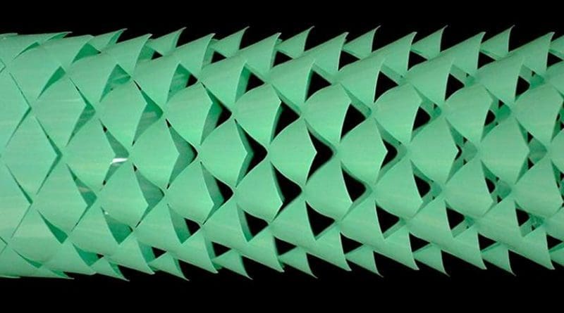 The robot is made using kirigami -- a Japanese paper craft that relies on cuts to change the properties of a material. As the robot stretches, the kirigami surface "pops up" into a 3D-textured surface, which grips the ground just like snake skin. Credit Harvard SEAS