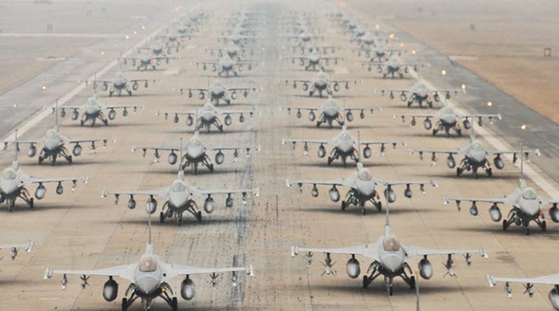 U.S. and South Korean F-16s demonstrate an 'Elephant Walk' at Kunsan Air Base. Photo Credit: Senior Airman Brittany Y. Auld, Wikipedia Commons.
