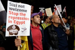 Demonstrators protest against Sisi's visit to London, November 2015. Under Sisi, the Egyptian state has used all means of communication to silence voices calling for civil society and democracy. Dissenters urging religious reform and opposing Salafist ideology have been imprisoned.