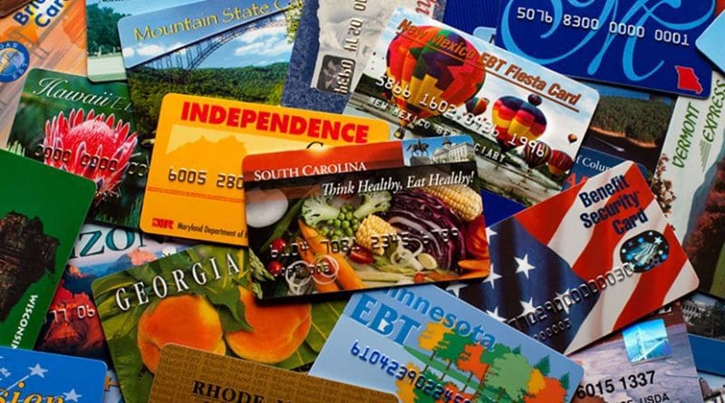 EBT cards from several states. Photo Credit: United States Department of Agriculture, Wikipedia Commons