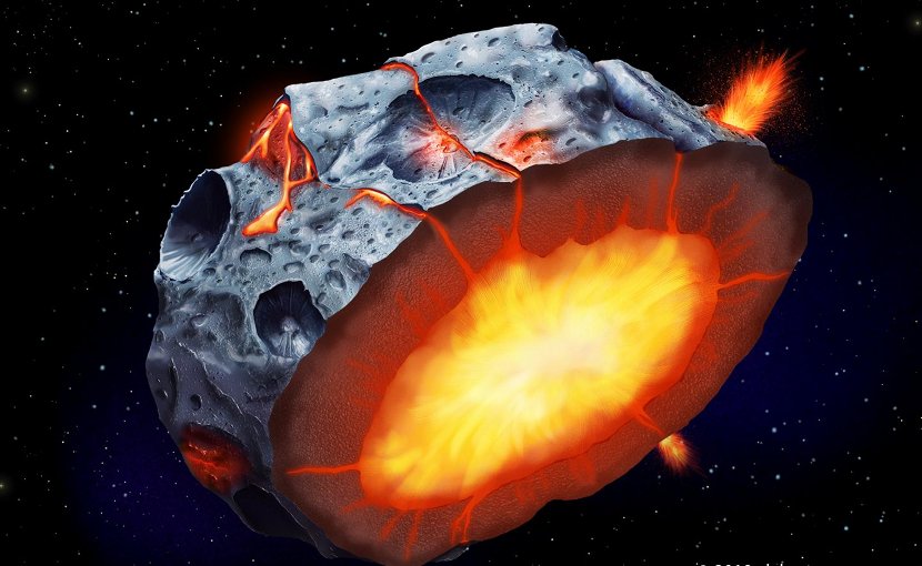 As a metallic asteroid such as Psyche cooled and solidified, iron volcanoes may have erupted onto its surface. Credit Illustration by Elena Hartley