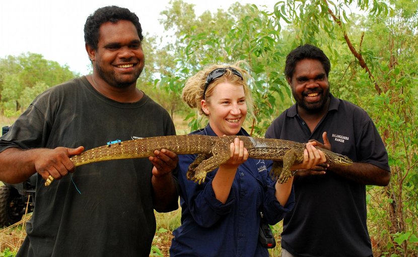 Dr Georgia Ward-Fear, with brothers Herbert (left) and Wesley Alberts about to release 'Barney' . Credit Melissa Bruton