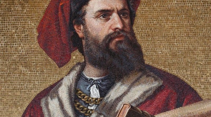 Mosaic of Marco Polo displayed in the Palazzo Doria-Tursi, in Genoa, Italy. Credit: Wikipedia Commons