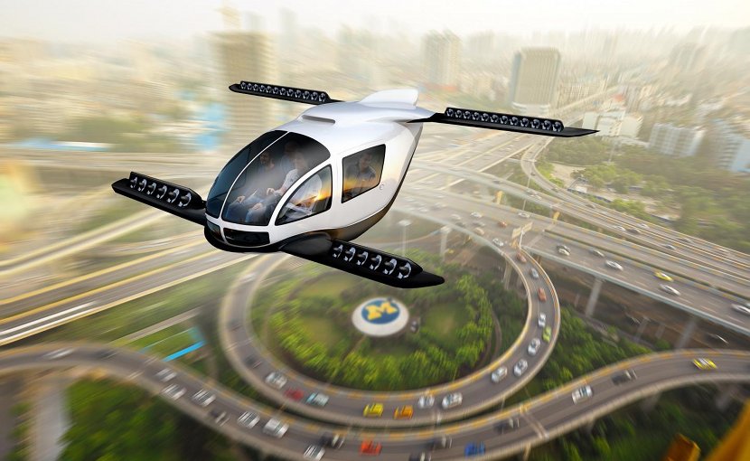 Artistic rendering of an electric vertical takeoff and landing taxi cruising through an urban center. Credit Dave Brenner/University of Michigan School for Environment and Sustainability