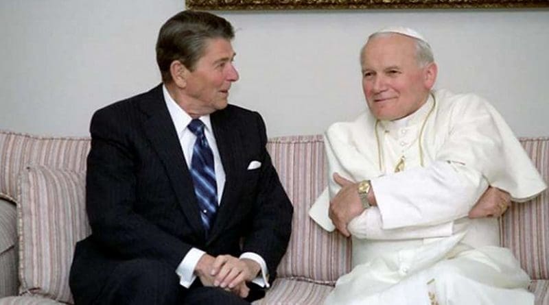 U.S. President Ronald Reagan talks with Pope St. John Paul II. Courtesy U.S. Embassy to the Holy See